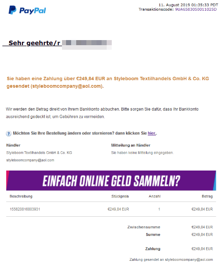 PayPal Phishing:Es gibt keine Zahlung an den Tunesstore