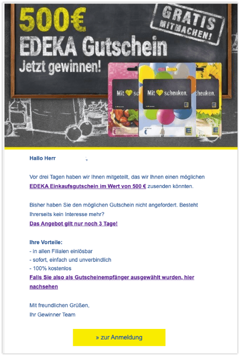 2019-10-14 Spam-Mail Edeka-Gutschein 500 Euro