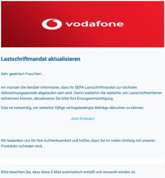 2020-05-04 Vodafone Spam Fake-Mail Lastschriftmandat aktualisieren