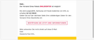 2019-08-14 E-Mail im Namen von DHL Datensammler Falle