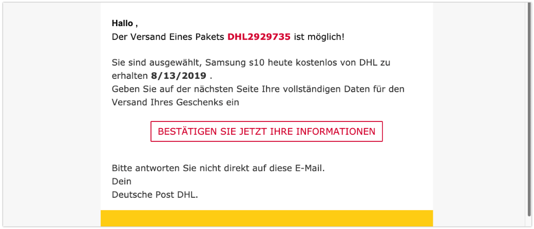 2019-08-14 E-Mail im Namen von DHL Datensammler Falle