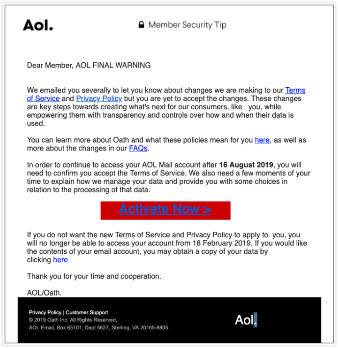 AOL Phishing Mail mit "info" ist Fake nicht Öffnen