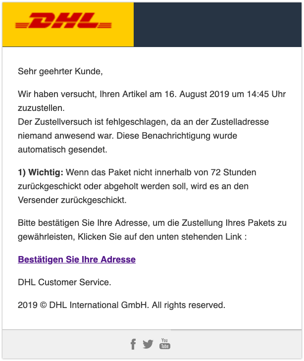 2019-08-19 DHL Spam-Mail Wichtig- unzustellbares Paket