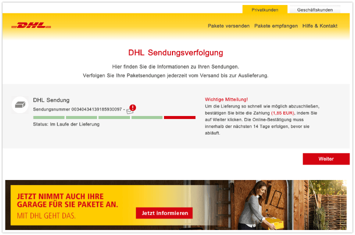 2019-08-19 Fake-Seite im Namen von DHL mit Kostenfalle