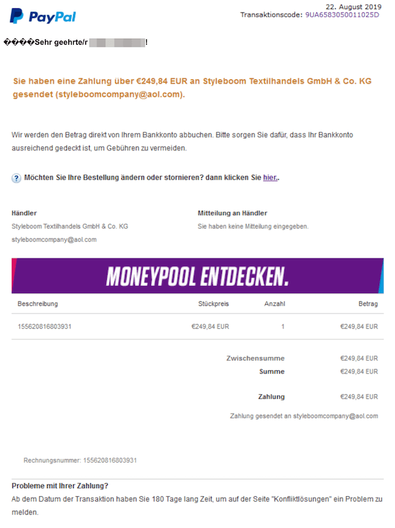 2019-08-22 Phishing PayPal Zahlung
