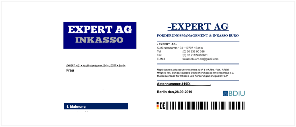 2019-08-30 Brief von Expert Ag Inkasso