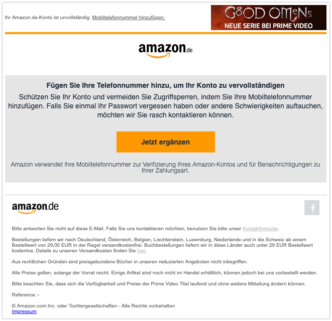 2019-09-05 Amazon E-Mail Ihr Amazon.de-Konto ist unvollständig- Mobiltelefonnummer hinzufügen