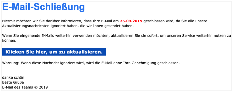 2019-09-23 Microsoft Phishing-Mail E-Mail-Beendigung läuft