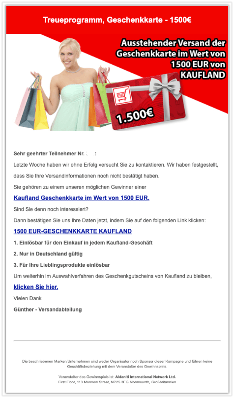 2019-09-09 Kaufland Geschenkkarte 1500 Euro Fake-Mail