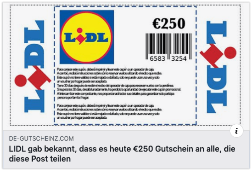 2019-11-20 Lidl Gutschein 250 Euro Facebook Fake