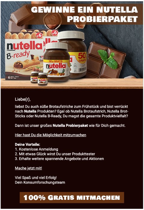 2020-07-22 Spam Mail Nutella Ein Nutella Probierpaket für dich