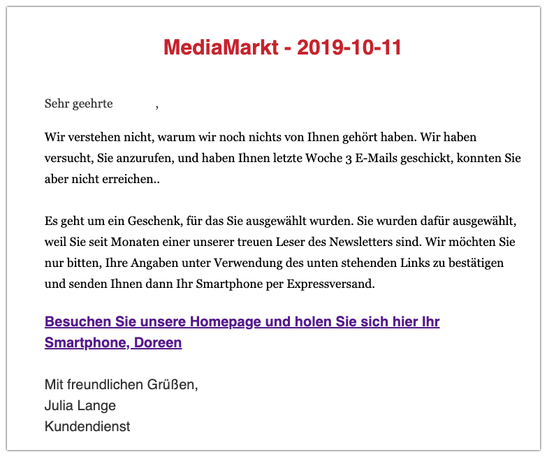 2019-10-11 Fake-Mail Media Markt Wichtige Nachricht