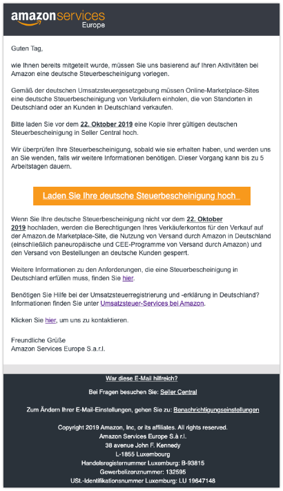 2019-10-22 Amazon Spam-Mail Erinnerung- Deutsche Steuerbescheinigung erforderlich