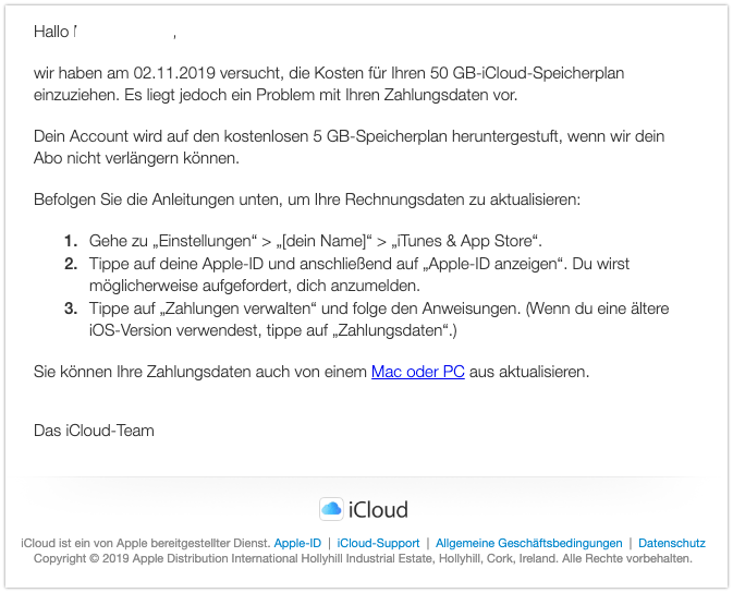 2019-11-04 Apple E-Mail Aktualisiere deine iCloud-Rechnungsdaten um dein Speicher-Upgrade zu erhalten