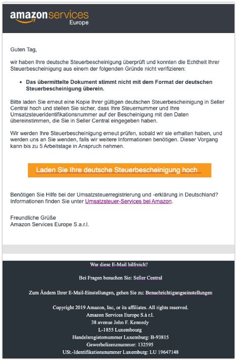 2019-11-05 Amazon Spam-Mail Deutsche Steuerbescheinigung abgelehnt