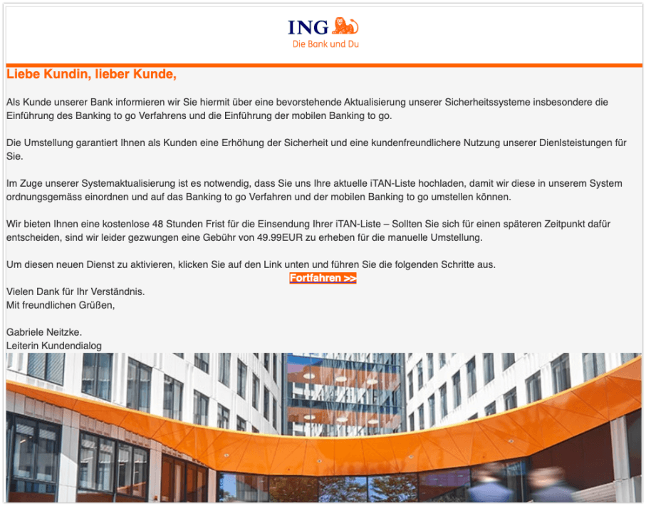 2019-11-28 ING Bank Fake-Mail Umstellung auf das Banking to go Verfahren