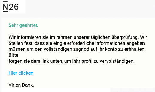 2020-04-29 N26 Bank Phishing-Mail Wichtig