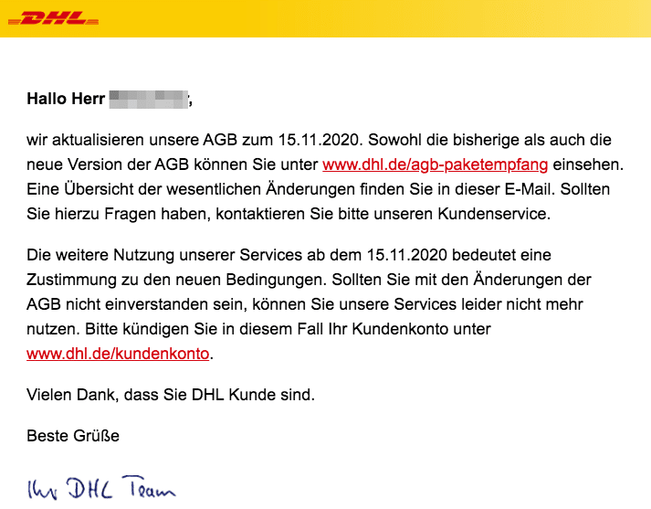 2020-10-02 DHL E-Mail Aenderung der AGB DHL Paket Empfaengerservices zum