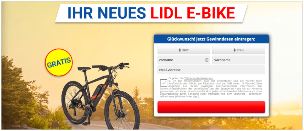 Gewinnspiel Ihr neues Lidl EBike führt zu Datensammler