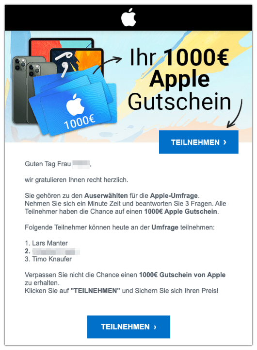 2019-11-08 Spam-Mail Apple 1000 Euro Gutschein