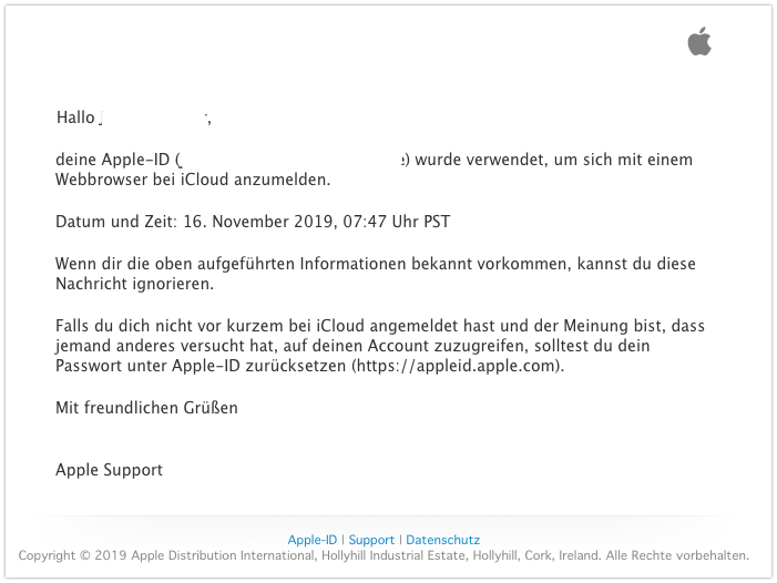 2019-11-17 Apple E-Mail Deine Apple-ID wurde verwendet um sich ueber einen Webbrowser bei iCloud anzumelden