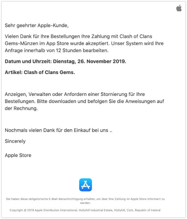 2019-11-26 Apple Rechnung Bestellung Fake Clash of Clans Gems