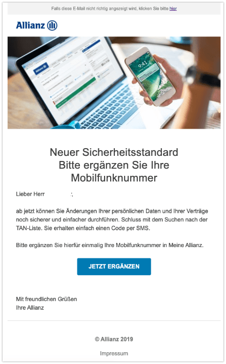 2019-11-27 Allianz E-Mail Bitte ergaenzen Sie Ihre Mobilfunknummer