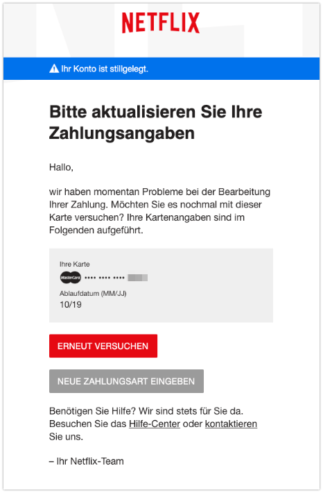 2019-11-28 Netflix E-Mail Aktualisierung erforderlich – Netflix-Konto stillgelegt