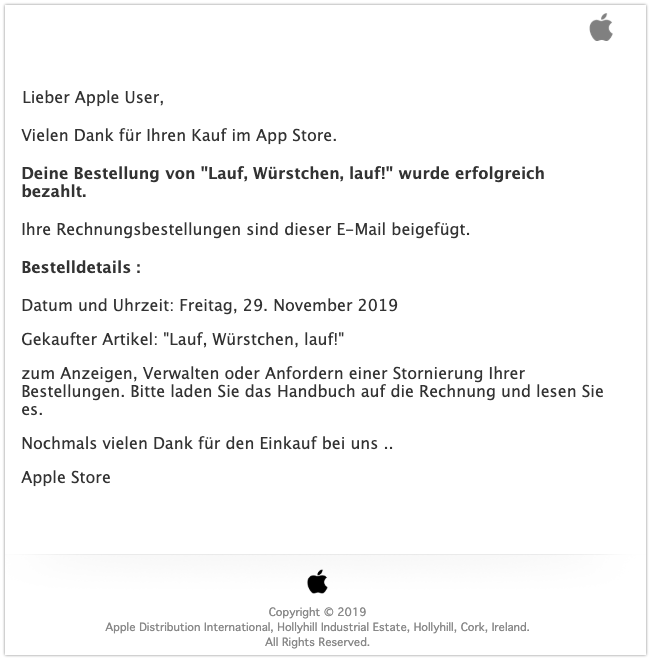 2019-11-29 Apple Rechnung Lauf, Wurst, lauf Kauf wurde bestaetigt