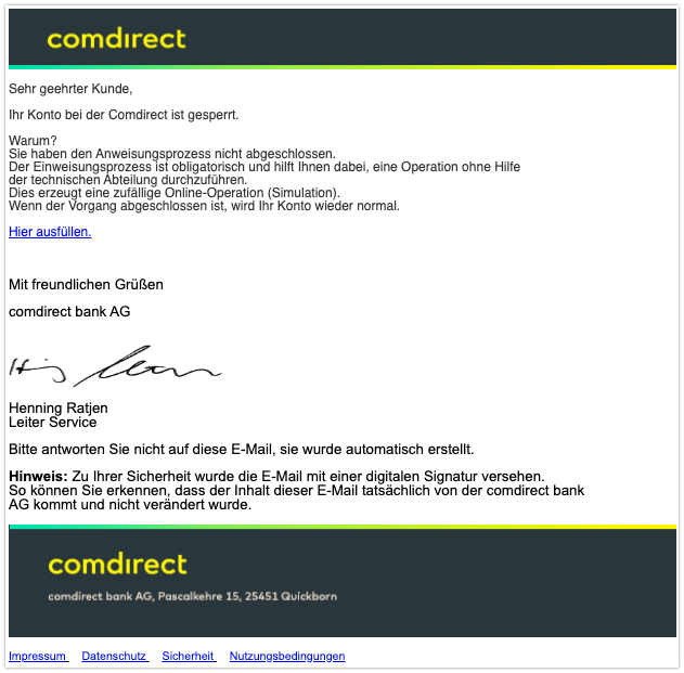 2019-12-03 Comdirect Spam-Mail Konto gesperrt