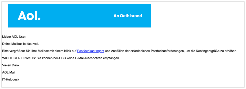 2019-12-04 AOL Phishing-Mail Mail-Speicherlimit aktualisieren