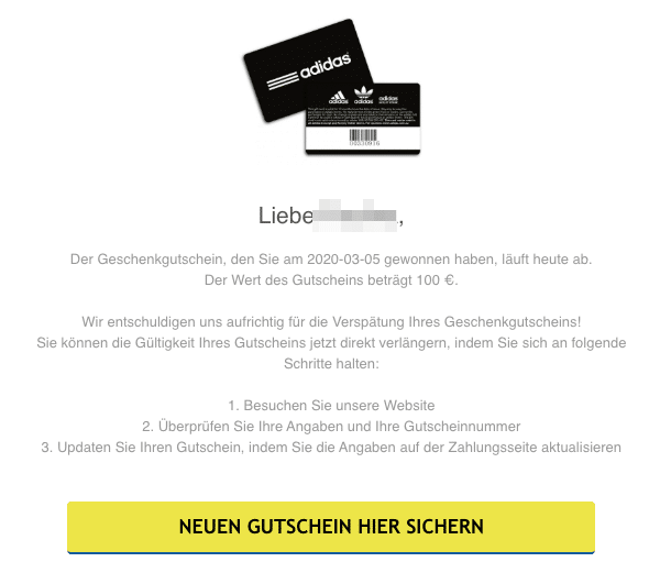 2020-03-06 Adidas E-mail Spam Fake Abofalle 100 Euro Gutschein