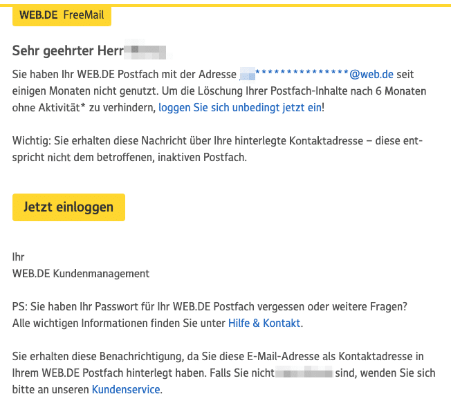 2020-07-31 web-de E-Mail Erinnerung WEB-DE Postfach-Inhalt wird in Kuerze geloescht