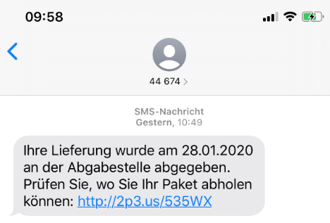 2020-01-30 DHL SMS Lieferung Paket an der Abgabestelle abgegeben