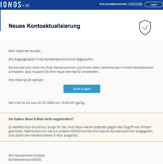 2020-02-08 IONOS 1und1 Fake Mail Neues allgemeines Update