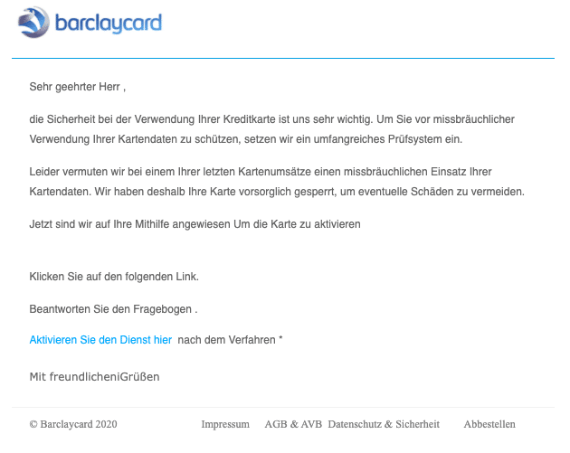 2020-06-11 Barclaycard Spam Fake-Mail missbraeuchliche Verwendung Ihrer Kartendaten