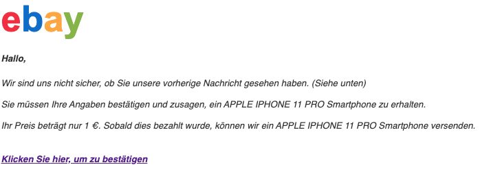 2020-02-13 ebay Fake Mail Spam Abofalle Das Smartphone APPLE IPHONE 11 PRO ist versandbereit