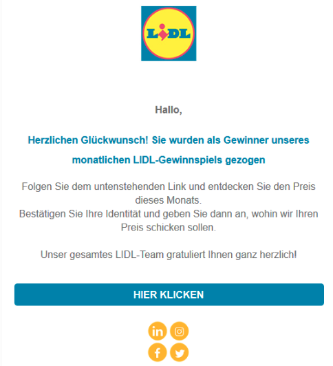 2020-02-22 Lidl Spam-Mail Fake Sie wurden als Gewinner unseres monatlichen LIDL-Gewinnspiels gezogen