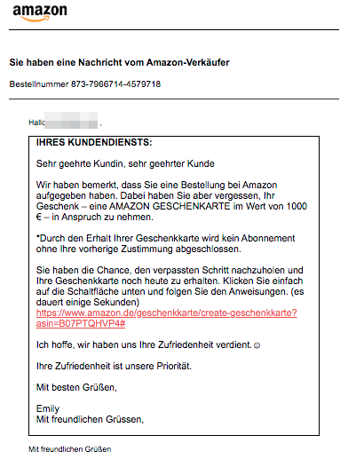 2020-02-29 Amazon Verkäufer Spam-Mail Aktualisierung Geschenkkarte 1000 Euro