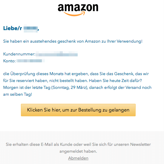 2020-03-28 Amazon Spam Fake-Mail Geschenk Abofalle