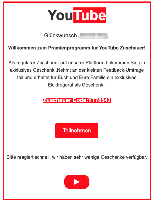 2020-03-09 Youtube fake-Mail Zuschauer Geschenk Umfrage