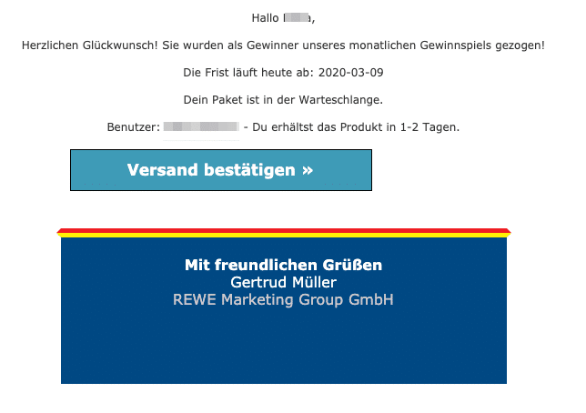 2020-03-10 Rewe Spam-Mail Phishing Sie wurden als Gewinner unseres monatlichen Gewinnspiels gezogen