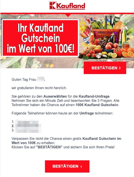 2020-03-16 Kaufland Spam-Mail Datensammler Ihr 100 Euro Kaufland Gutschein