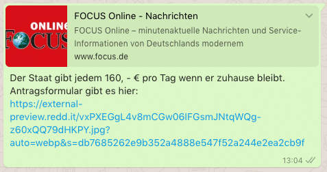 2020-03-20 Staat gibt jedem 160 Euro Focus Online WhatsApp Kettenbrief