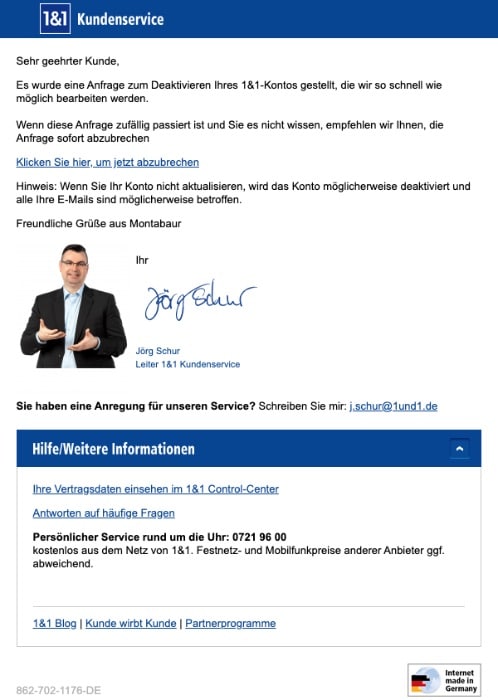 2020-03-24 1und1 IONOS E-Mail Fake Benachrichtigung ueber die Deaktivierung Ihres Kontos