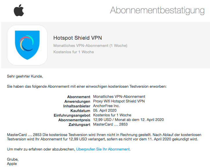 2020-04-06 Apple Spam-Mail Fake Kauf Hotspot Shield VPN Zahlung