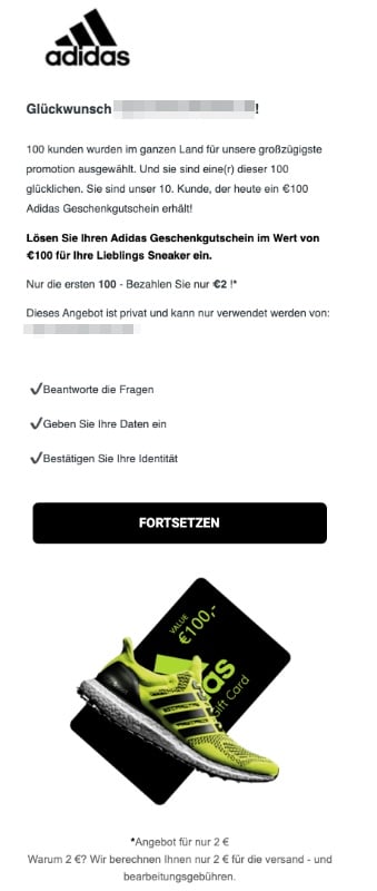 2020-06-03 Adidas SPam Fake-Mail 100 EUro Gutschein