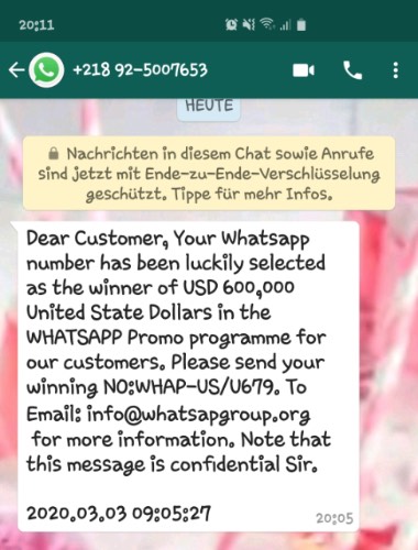 WhatsApp Gewinn Nachricht