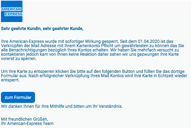 2020-04-13 American Express Spam Fake-Mail Sperrung mit sofortiger Wirkung