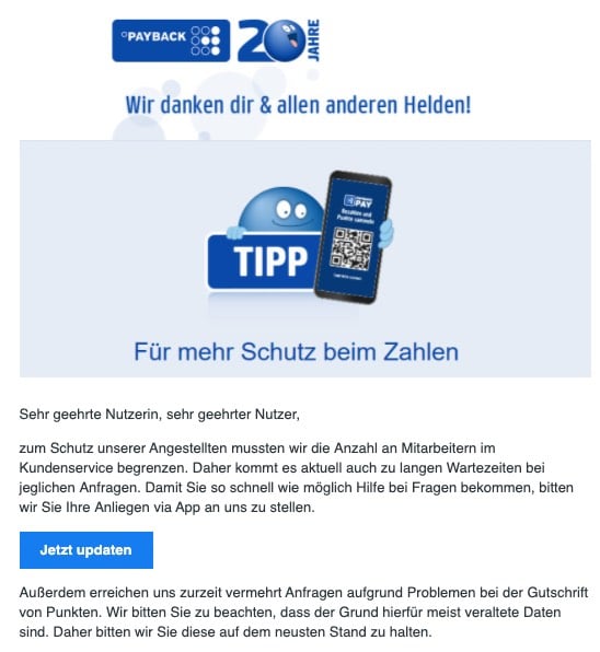 2020-04-15 Payback Spam Fake-Mail Bequem punkten - Wir danken dir & allen Helden